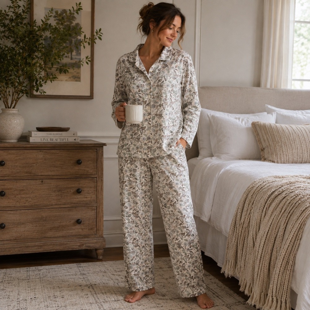 Garnet Hill Organic Cotton Floral Bird Pajama Set Gray Green Medium 43552